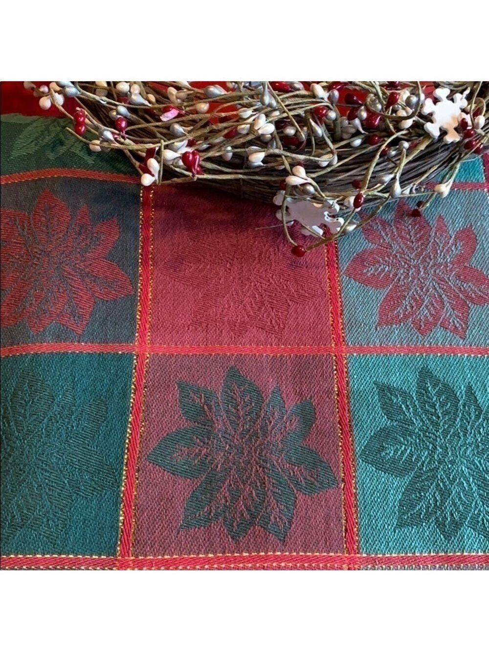 Poinsettia plaid holiday tablecloth Christmas red green floral buffalo check
